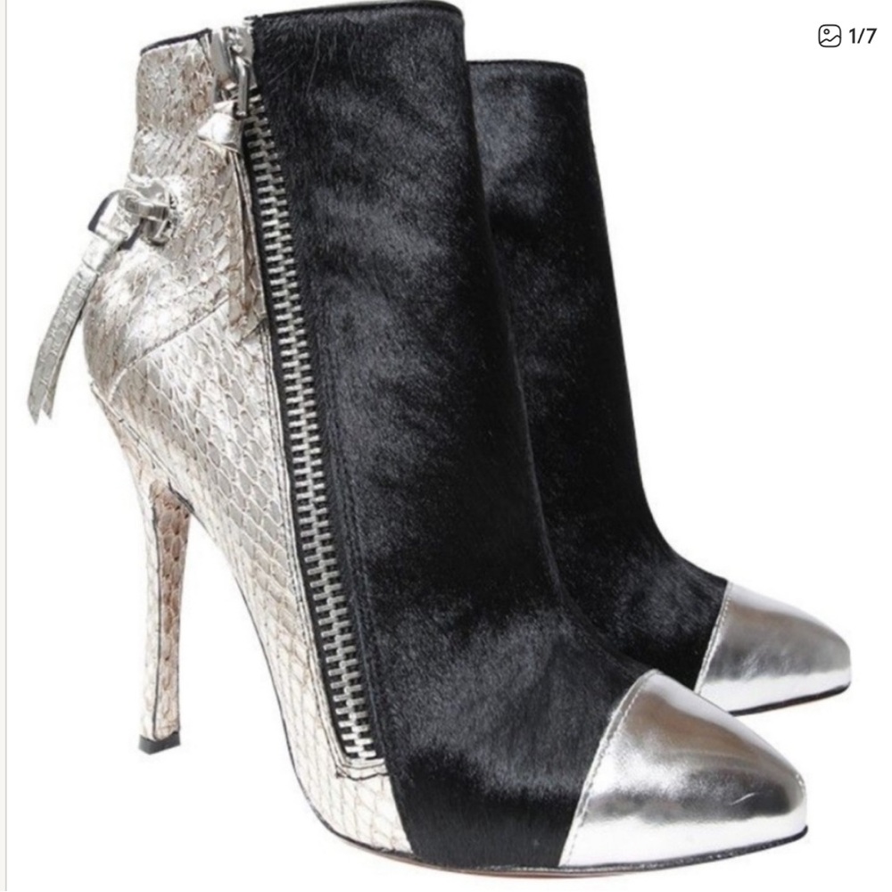 Jean Michel Cazabat Zoulu Silver Black Silver Pony Ankle Heel Booties 38.5